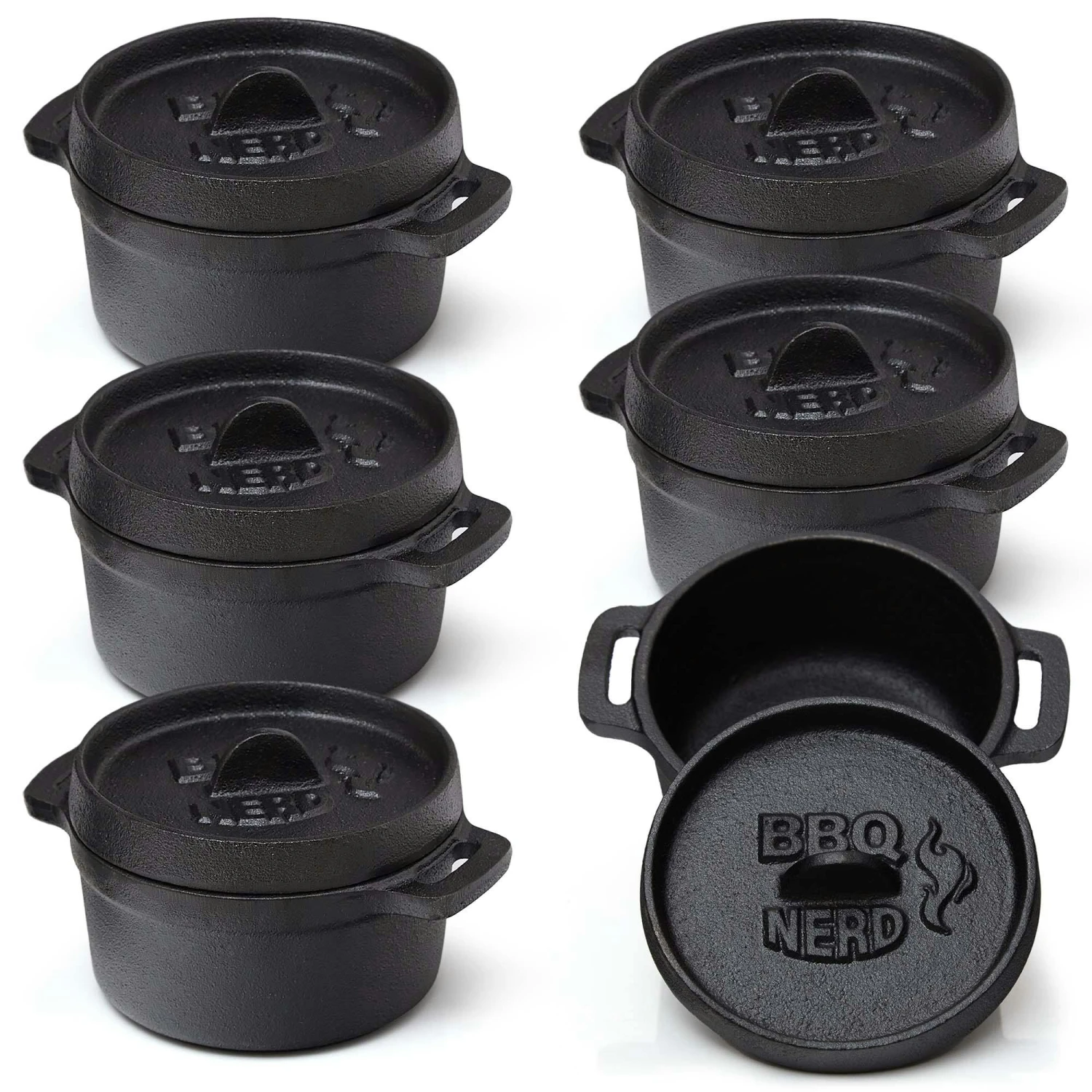 BBQ-Nerd© 6er Set Mini Dutch Oven | Kleiner Gusseisentopf Mit Deckel 11x5cm Für Grill, Feuerstelle, Backofen, Herd ǀ Serviertöpfe Kochtopf Schmortopf